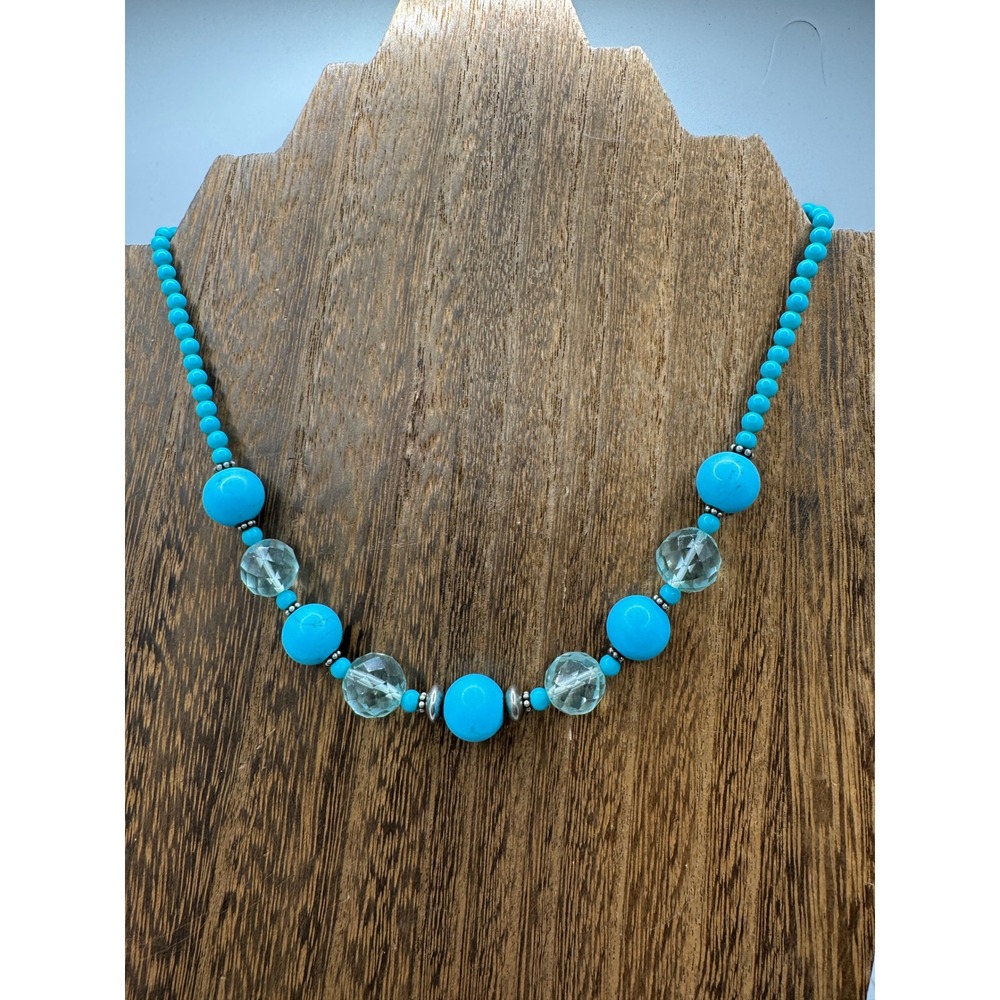 Fashion Turquoise Bead Statement Necklace Faceted Glass Accents Silver Tone